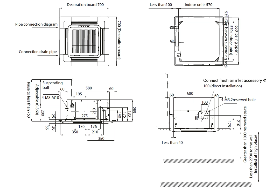 Modern design of a 4-way cassette air conditioning system.