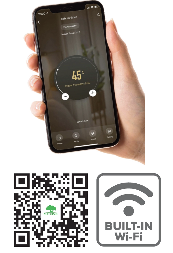O mână folosind panoul de control al dezumidificatorului MyCond Giant Smart.