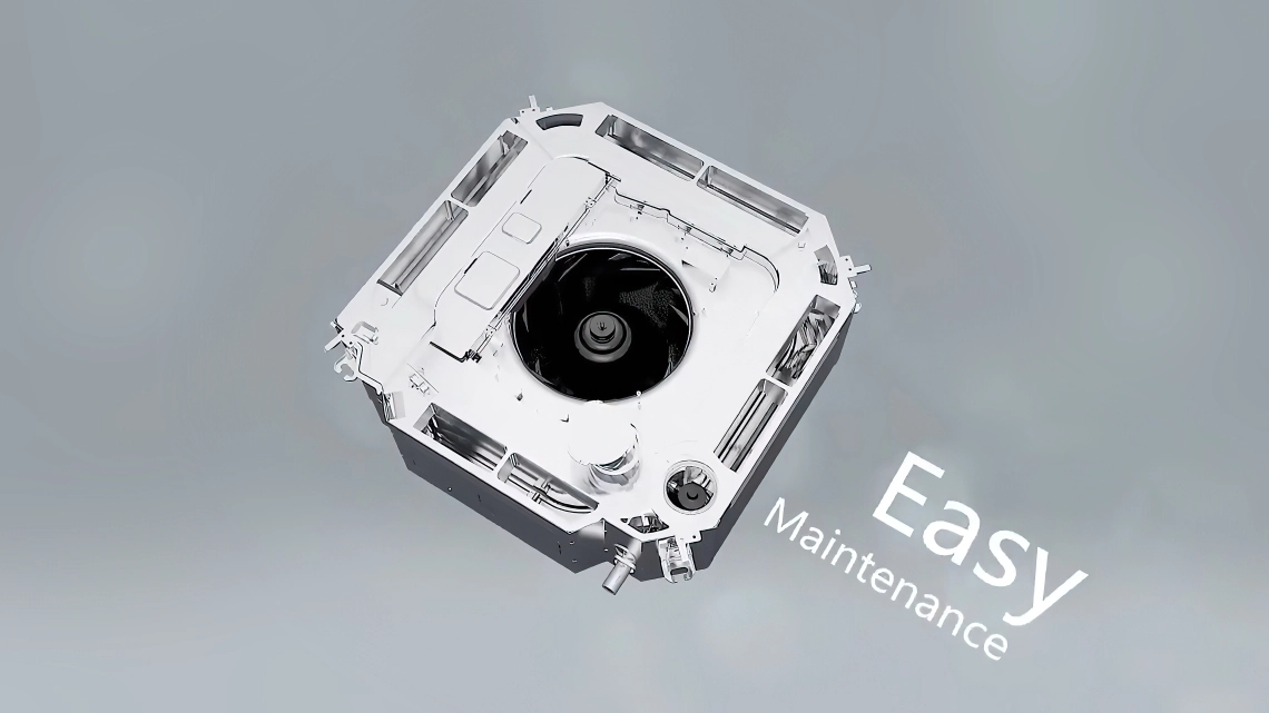 Ceiling-mounted 4-way air conditioner cassette for efficient airflow.