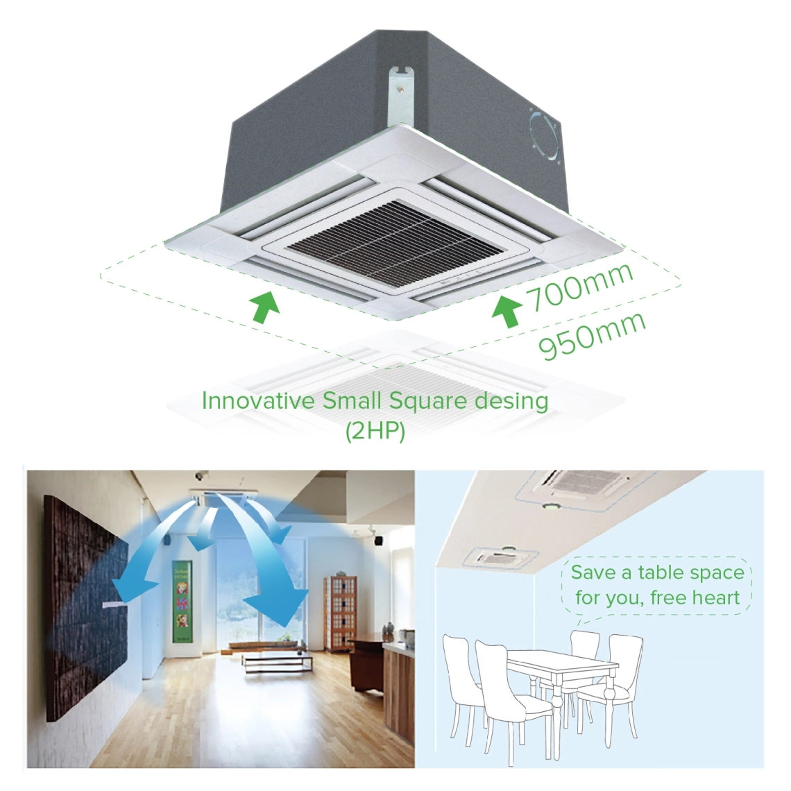 Ceiling-mounted 4-way cassette illustrating airflow directions.