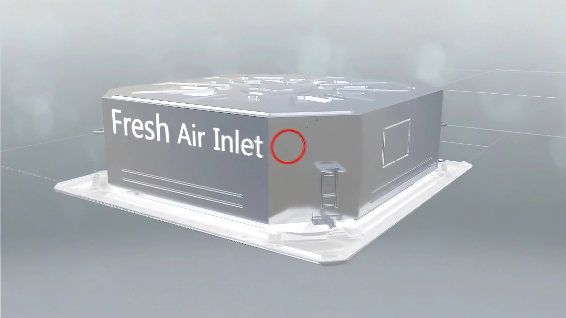 Ceiling-mounted cassette air conditioner for efficient airflow distribution.
