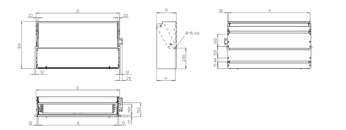 Diagrama care prezintă dimensiunile ventiloconvectorului MyCond seria SEC/F.