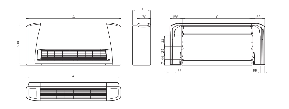 Diagrama cu dimensiunile ventiloconvectoarelor din seria MyCond SEC/F.