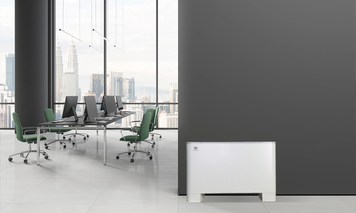 Floor-mounted fan coil unit for efficient indoor climate control.