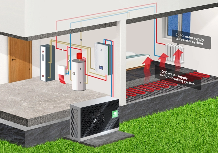 Close-up of BeeSmart split heat pump system with integrated controls.