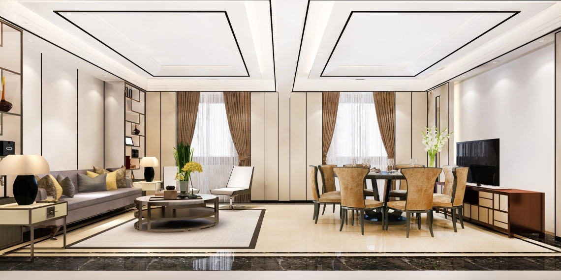 MyCond O sufragerie și o cameră de zi moderne și luxoase care prezintă o pompă de căldură integrată în decor.