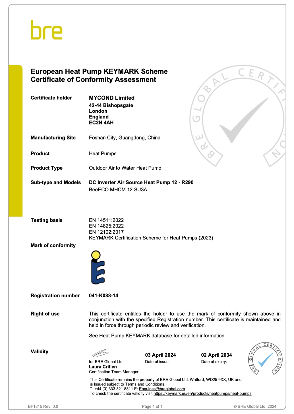 Certificat de conformitate Mycond BeeEco KEYMARK